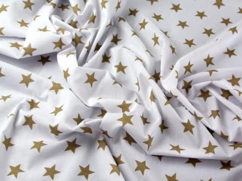 Yıldız Baskı Polycotton Elbise Kumaşı Beyaz ve Altın - metre başına