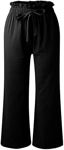 Kadınlar için pamuk Keten Pantolon, Yüksek Bel Geniş Bacak Palazzo Capri Uzunluk Yaz Moda Kağıt Torba Kırpılmış cepli pantolon