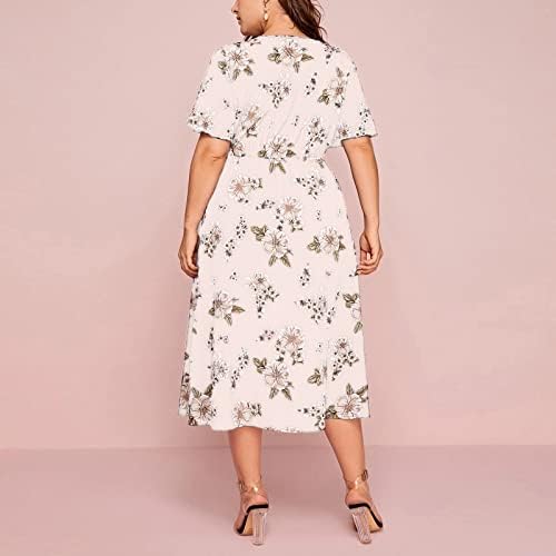 Fragarn Plaj Kıyafetleri Kadınlar için, Artı Boyutu kadın Çiçek Baskı V Boyun Kısa Kollu Bel Gevşek Yarık Elbise