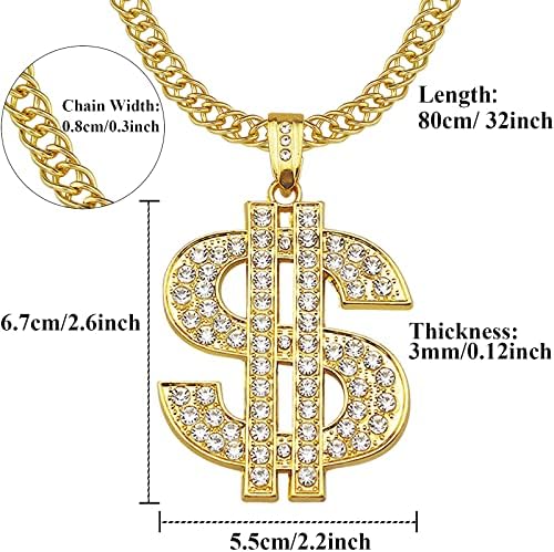 Rıuzıyı Altın Kaplama Zincir Kristal Dolar İşareti Kolye Kolye, hip Hop Zinciri Para Charm Kolye Erkekler için 31.5 İnç