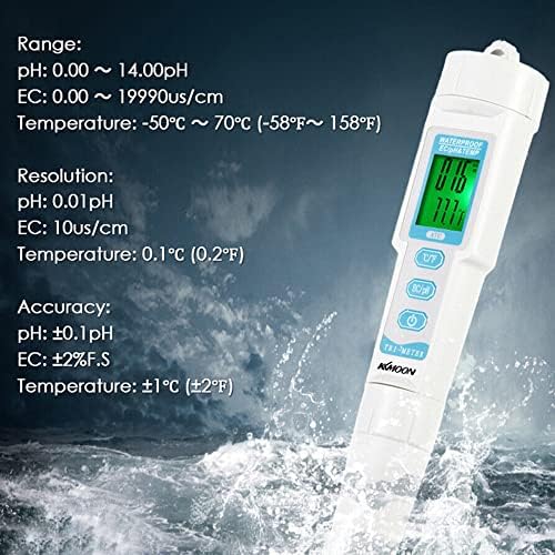 Gonıa 3 in 1 Dijital Su Kalitesi test ölçüm cihazı, ph ölçer, EC, ve Sıcaklık test ölçüm cihazı Test için İçme Suyu, Kapalı, Havuz,