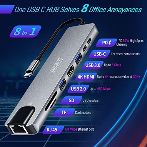 USB C Adaptörü, Yükseltilmiş ASZUNE 8 in 1 USB C HUB USB C Ethernet Adaptörü HDMI Multiport Adaptörü Dizüstü Yerleştirme İstasyonu