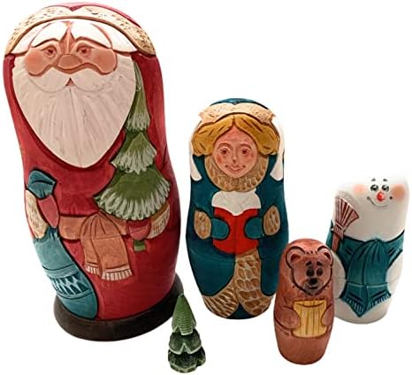 Yazarın Yeni Yıl Ahşap Seti Rus Noel Baba, Noel Ağacı, Snow Maiden, Ayı, Kardan Adam 6,29 Boyunda 5 Set El Yapımı Oyuncak Yuvalama