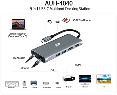 Adesso 9'u 1 Arada USB-C Çok Bağlantı Noktalı Yerleştirme istasyonu (TAA Uyumlu)