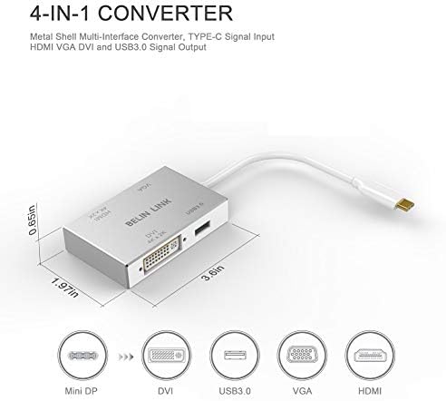 BELİN LİNK USB C'den HDMI DVI VGA USB 3.0 Adaptörüne, USB 3.1 Tip-C 4in1 Hub'dan HDMI DVI 4K VGA USB Adaptör Dönüştürücüsüne (Thunderbolt