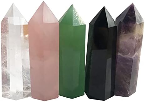 YSSJGOOD Doğal Şifa Kristal Değneklerini, 2 Pembe Kristal, Temizle Kuvars, Ametist, Yeşil Aventurin, siyah Obsidyen 5 Set