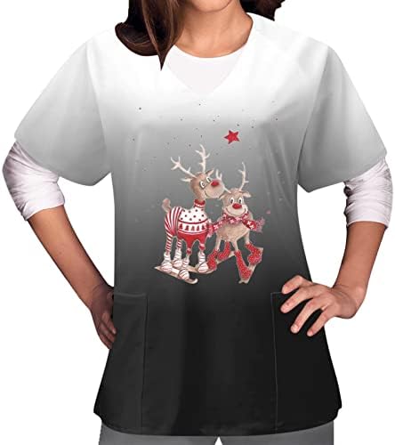 Kadın Noel Fırçalama Üstleri İş Giysisi Bayanlar Sevimli Şık V Boyun Kayak Geyik Grafik Scrubs Gömlek Bluz Cepler ile