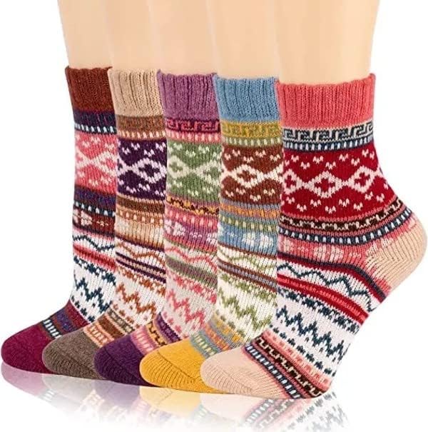 KNITI Bayan Yün Çorap Ekip Vintage Rahat Sıcak Kış Kalın Çorap Kadın Hediyeler için 5 Pairs