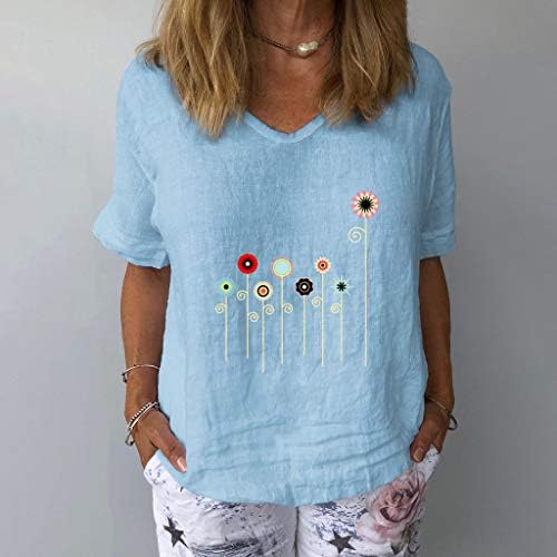 Bayan Yaz Üstleri Moda Kadın Kısa Kollu Çiçek Baskı V Yaka Üstleri T-shirt Gevşek Casual Bluz Bayan Üstleri