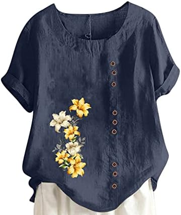 Pamuk Keten Gömlek Bayan Yaz kısa kollu tişört Üstleri Artı Boyutu Düğme Bluz Tees Çiçek Baskı Tunik Üst