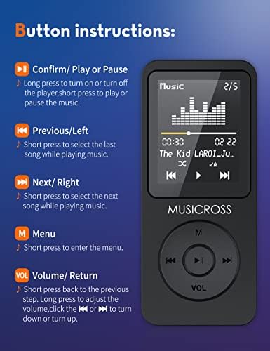 MUSİCROSS Bluetooth 5.2 MP3 MP4 Çalar 8GB Taşınabilir MP3 Çocuklar için, Dahili HD Hoparlör / Fotoğraf / Video / FM / Kaydedici/E-Kitap