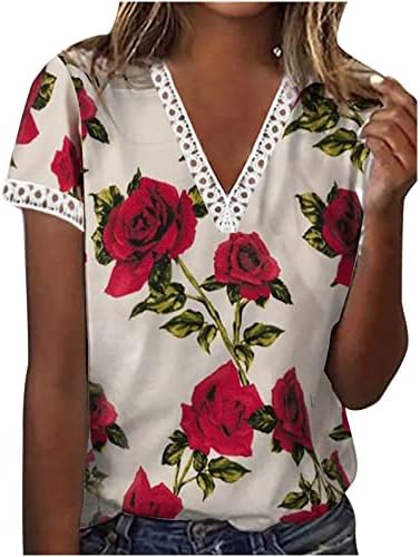 2023 Kadın Yaz Gömlek Dantel Trim Tığ Baskılı Kısa Kollu Casual V Boyun Bluzlar Üst