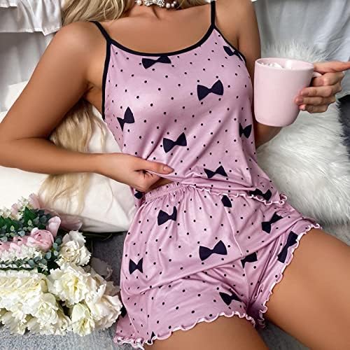 Kadınlar için pijama Spagetti Kayışı Kolsuz İki Parçalı Cami şort takımı Klasik Dantel Trim Kırpma Üst şort takımı