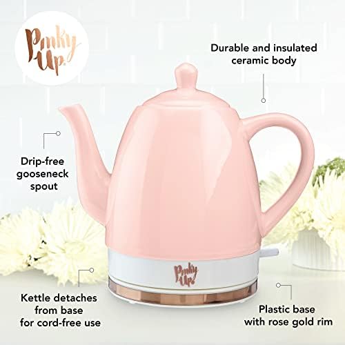 Pinky Up Noelle 1.5 L Seramik Gooseneck Emzik Elektrikli çaydanlık Sıcaklık Kontrolü ile Akülü Tasarım Kaynar su kabı, Pembe, Gül Altın