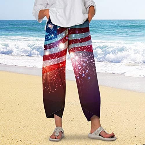 WOCACHİ Harem Sweatpants Kadınlar için, kadın Keten Pantolon Amerikan Bayrağı Baskılı Kırpılmış Elastik Bel Plaj pantolonları