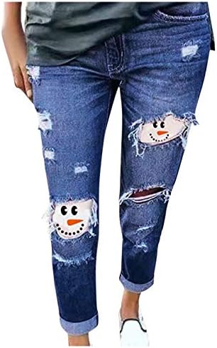 Yırtık Kot Kadın Boyutu Artı Baskı Kardan Adam Artı Boyutu Skinny Jeans Pantolon Pantolon