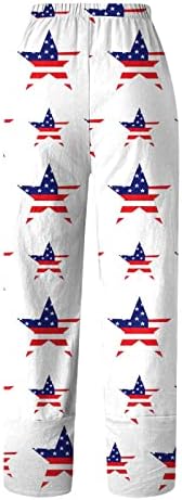 WOCACHİ Harem Sweatpants Kadınlar için, kadın Keten Pantolon Amerikan Bayrağı Baskılı Kırpılmış Elastik Bel Plaj pantolonları