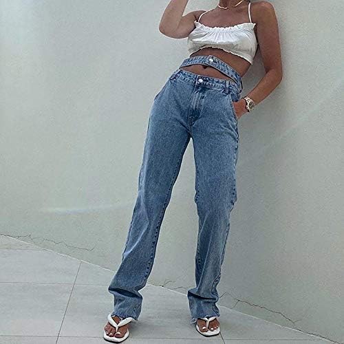 LARIAU Kot Kadınlar ıçin Yüksek Bel Zinciri Püskül Düz Düz Artı Boyutu Yırtık Kot Pantolon Pantolon