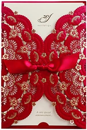 Jofanza 50 adet Kırmızı Düğün Davetiyeleri Kartları Folyo Altın Çiçek ve Ilmek Lazer Kesim Nişan Düğün Davetiyesi Quinceanera Fantezi