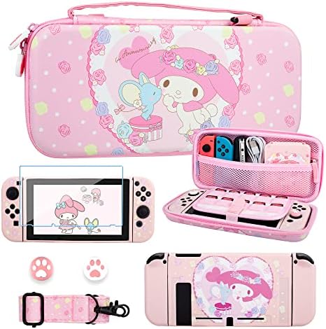 Nintendo Switch için FUNDİARY Pink Bunny Tema Taşıma Çantası, TPU Koruyucu Kapak, Ekran Koruyucu, Ayarlanabilir Omuz Askısı ve 2 Başparmak