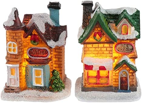 ıbasenıce ışıklı Noel Köy Evleri: 2 adet Light up Noel Köy Evleri Mini Glow Köy Evi Noel Sahne Figürleri Noel Kasaba Sahne Peyzaj Dekor