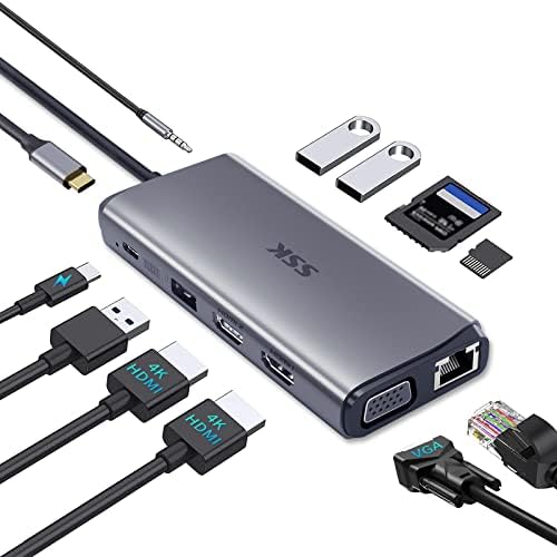 SSK Dizüstü USB C Yerleştirme İstasyonu Çift Monitör, HDMI 4 K/60Hz Multiport Adaptörü 11 in 1 USB C Hub, Thunderbolt Dock Üçlü Ekran