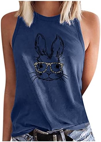 Paskalya Tank Top Kadınlar için Tavşan Gözlük Casual Gömlek Yuvarlak Boyun Tees Tops Yaz Moda Kolsuz Katı Kazak