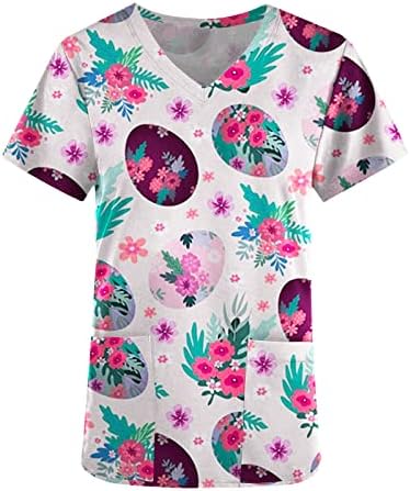 Kadın V Boyun Grafik Fırçalayın Mutlu Hediye Paskalya Düz Üst T Shirt Kızlar için Yaz Sonbahar Cepler ile W9 W9