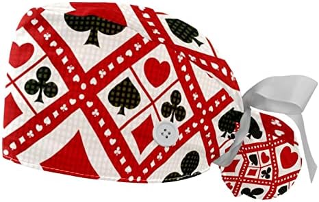 Kadın Fırçalama Kap Uzun Saç Kapağı, Retro Kırmızı Poker Desen Hemşire Çalışma şapka kurdele ile