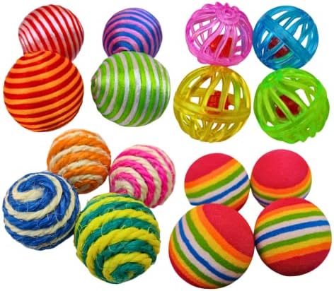 Shizhoo 32 adet Kedi Oyuncak, yavru Kedi topu oyuncak çeşitleri, gökkuşağı topu, kırışık topu, ışıltı topu, çan topları, Sisal topu,