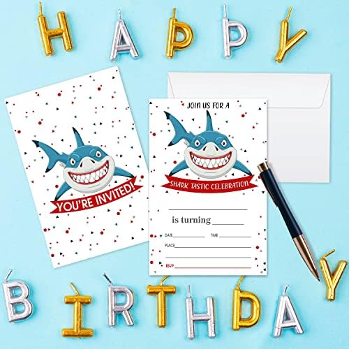 AXAMDAM Köpekbalığı Tastic Doğum Günü Davetiye Kartları, Köpekbalığı Temalı Parti Davetiyeleri Çocuklar için, kızlar, 20 Zarflı 20