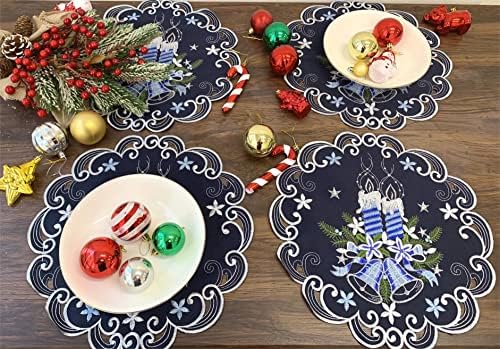 GRANDDECO Noel Placemats 4 Set Yuvarlak 14 inç Yıkanabilir Noel Cutwork İşlemeli Mum ve Çan Desen Yer paspasları Tatil Noel Ev Mutfak