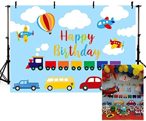 MEHOFOND Ulaşım Çocuk Doğum Günü Partisi Zemin Mavi Gökyüzü Beyaz Bulut Otomobil Tren Uçak Araba Otobüs Kamyon Mutlu 1st Doğum Günü